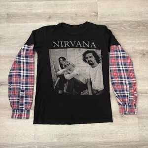 NIRVANA Kurt Cobain Black Vintage 90’s Upcycled Plaid Flannel Sleeves Grunge